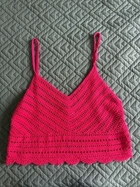 Women's Crochet V-Neck Crop Tank Top - Hot Pink